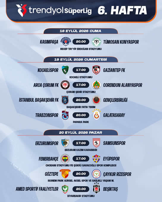 Trendyol Süper Lig 6. Hafta Programı Trendyol Süper Lig 6. Hafta Programı